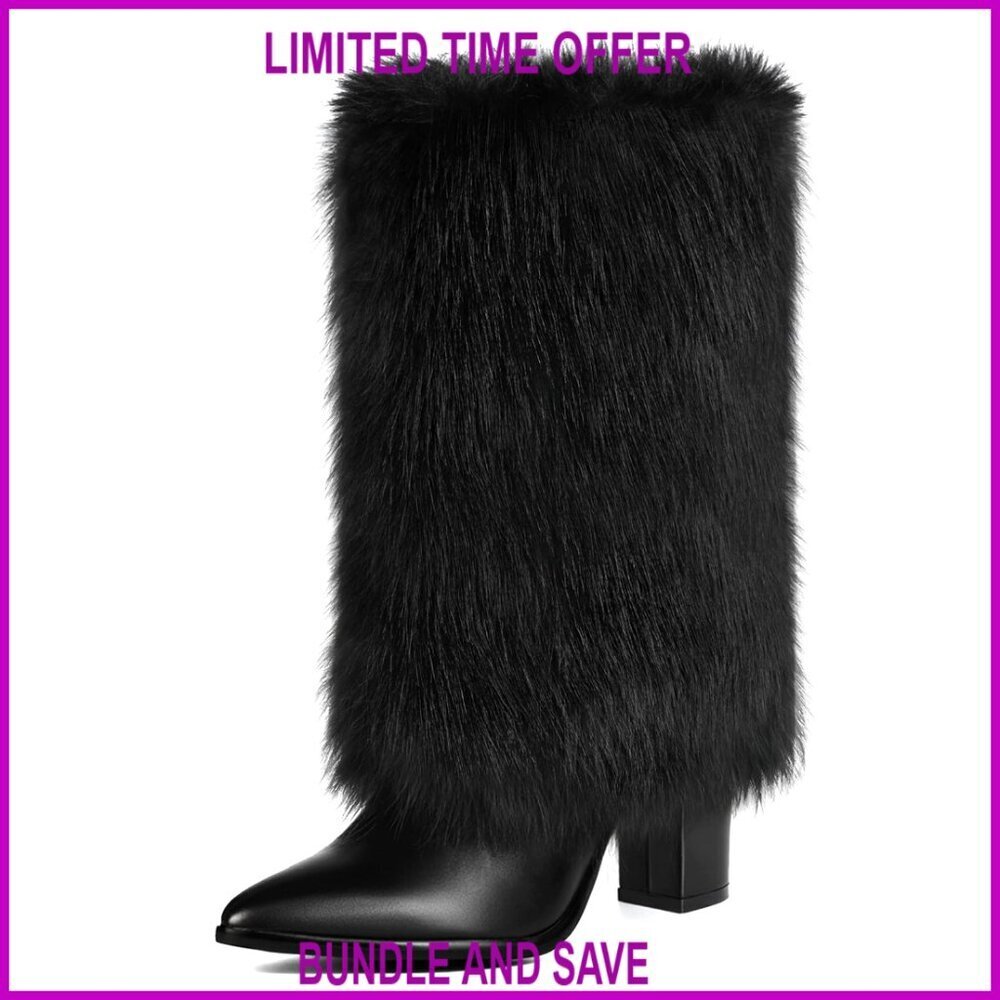 Faux Fur Mid Calf Boots with Chunky Heel and Side Zipper